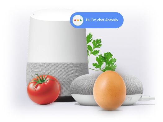 Ilustration of Google conversational device closed to a tomato, egg and coriander